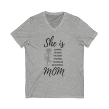 She is Mom V-Neck T-Shirt – Cute Motherhood Graphic Tee