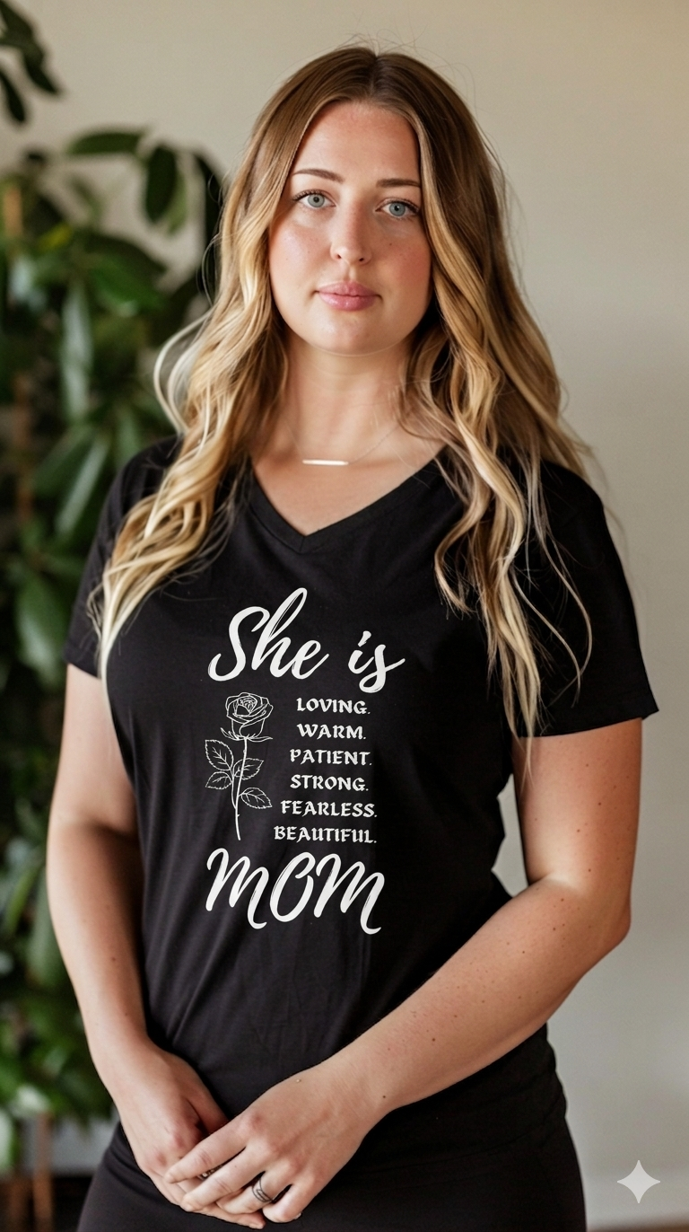 She is Mom V-Neck T-Shirt – Cute Motherhood Graphic Tee
