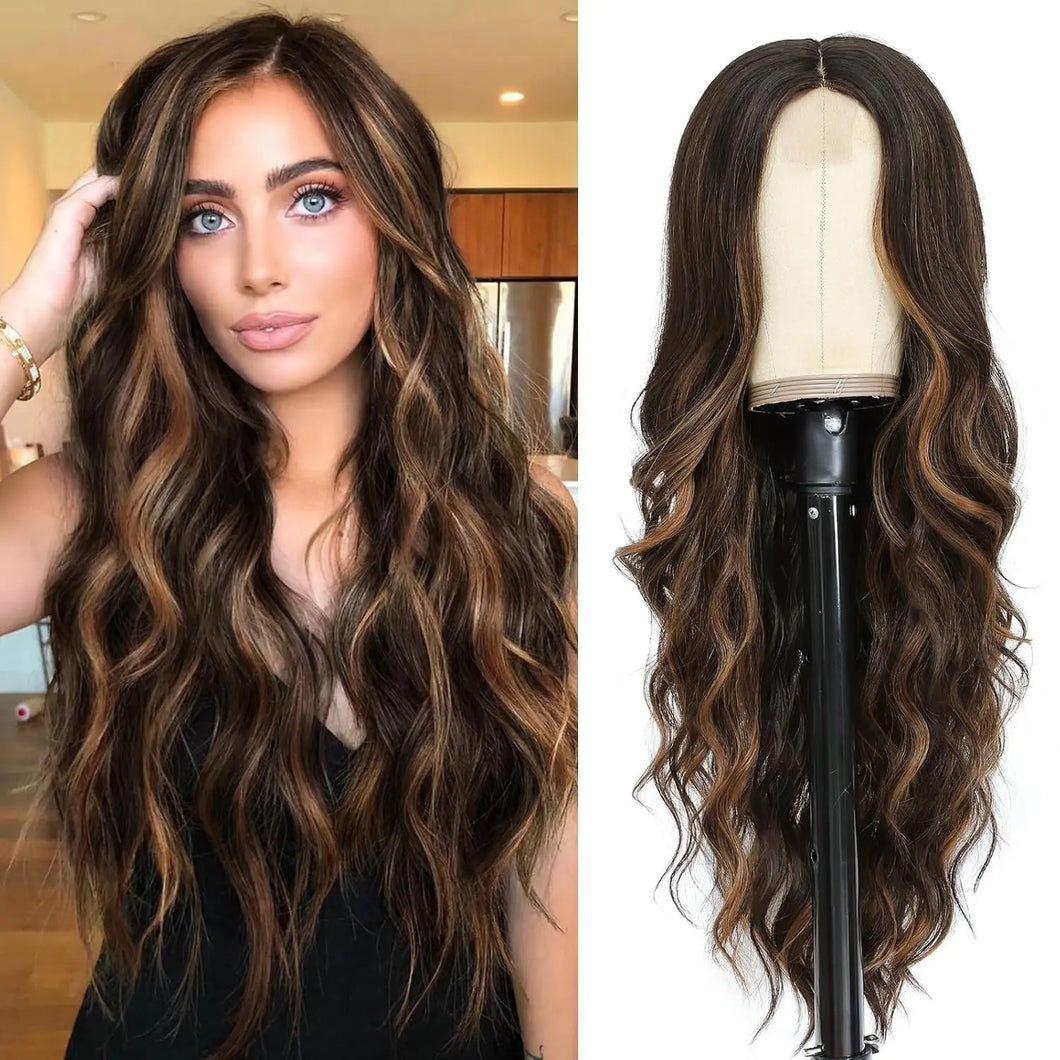 Long Wavy Curly Hair Wig – Natural Middle Part, 26+ Inc