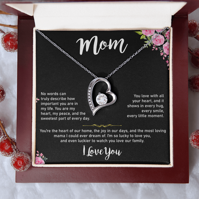 Mom Heart Necklace, Gold & Cubic Zirconia, Gift for Mother's Day