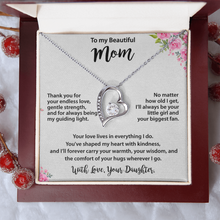 Mom Gold Heart Necklace from Daughter - Cubic Zirconia Mother's Day Gift with Pink Floral Card