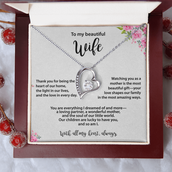 Beautiful Wife, Heart Necklace, Gold & Cubic Zirconia, Mother's Day gift From Husband
