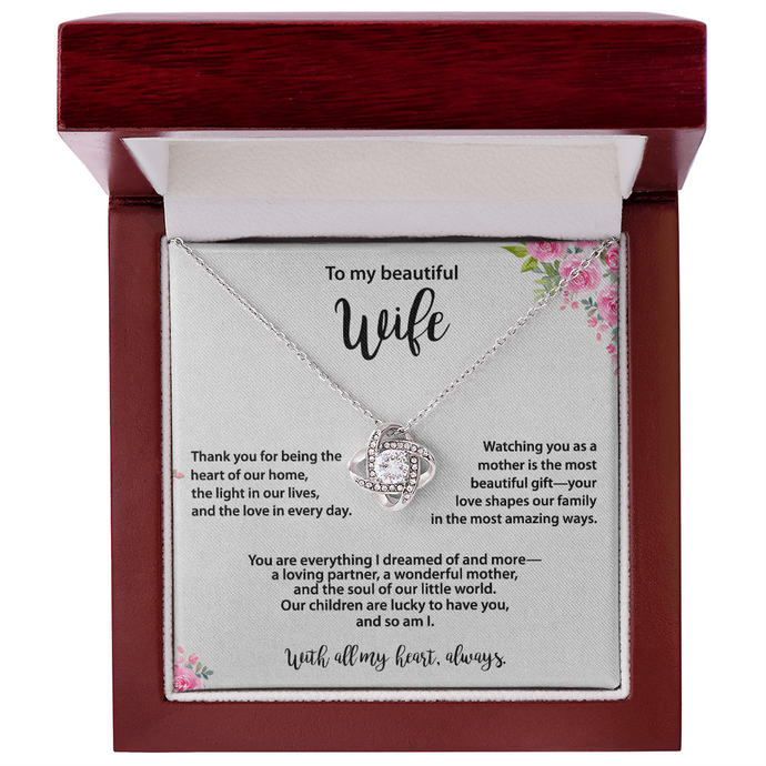 Beautiful Wife, Love Knot Necklace, Gold & Cubic Zirconia, Mother's Day gift From Husband