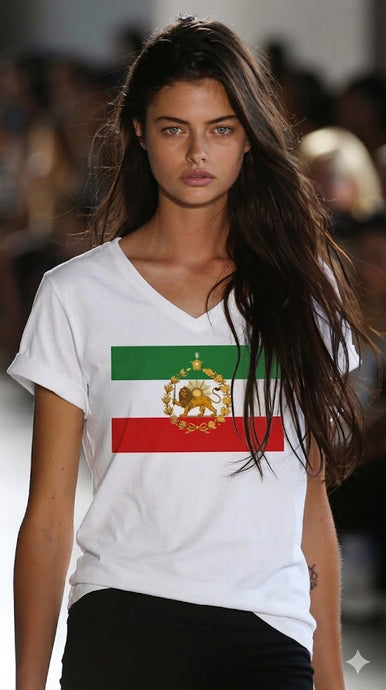 Iran Lion & Sun Flag  V-neck T-Shirt with Crown | Persian Imperial Flag Tee | پرچم شیر و خورشید و تاج ایران